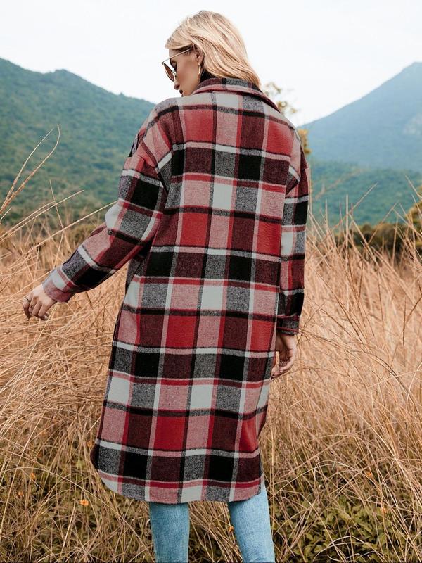 Women's Plaid Print Button Front Split Side Coat, Casual Comfy Long Sleeve Collared Outerwear for Fall & Winter, Ladies Clothes for Daily Wear