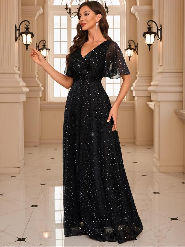 Vintage Women's Glitter Butterfly Sleeve Wrap V Neck Evening Dress, Elegant Formal Wear, Short Sleeve A Line Maxi Dress for Party Banquet Prom, Ladies's Clothes for All Seasons