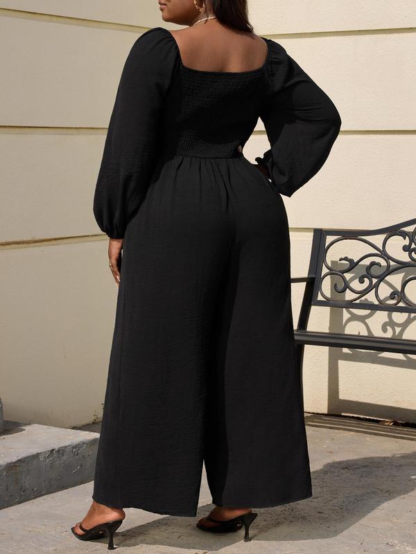 CURVZY Plus Size Fall Aesthetic Solid Shirred Bishop Sleeve Wide Leg Jumpsuit, Casual Long Sleeve Scoop Neck Jumpsuit for Fall, Women's Clothes for Daily Wear