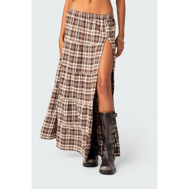 Plaid Side Slit Tiered Maxi Skirt