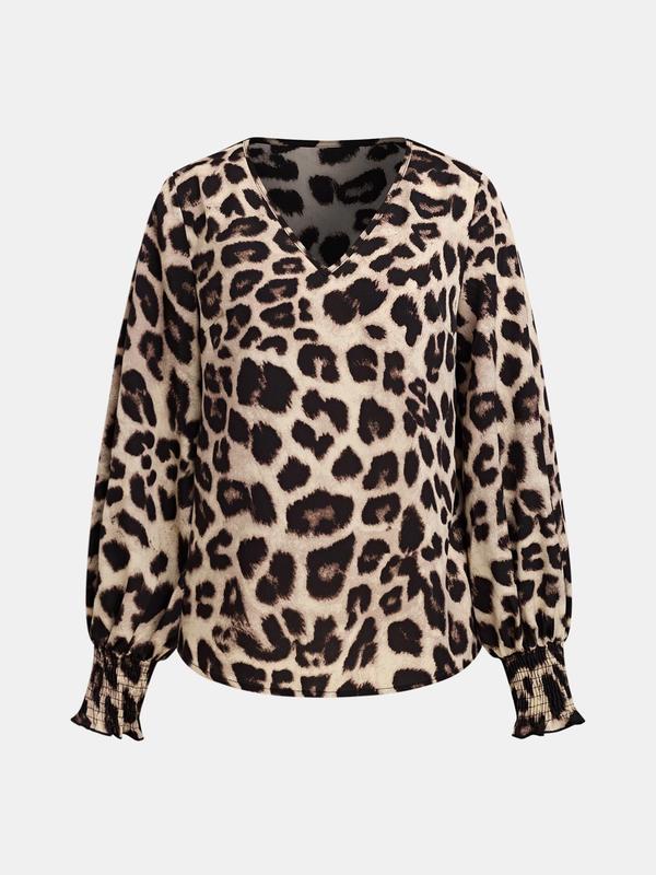 YOZY Women's Leopard Print Shirred Bishop Sleeve Blouse, Casual Long Sleeve V Neck Top for Daily Wear, Ladies Clothes for All Seasons