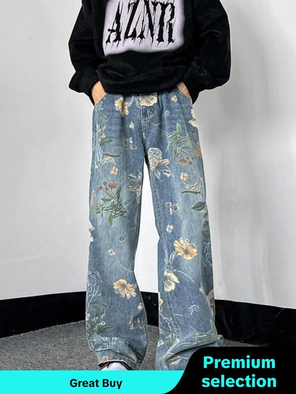 Unisex's Floral & Denim-effect Print Pocket Elastic Waist Straight Leg Pants, Street Fashion Casual Button Fly Trousers for Daily Wear, Unisex Bottoms for All Seasons