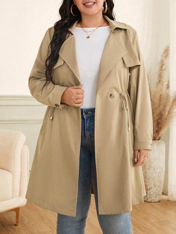 CURVZY Plus Size Solid Button Front Drawstring Pocket Trench Coat, Casual Long Sleeve Lapel Neckline Coat for Fall & Winter, Women's Clothes for Daily Wear