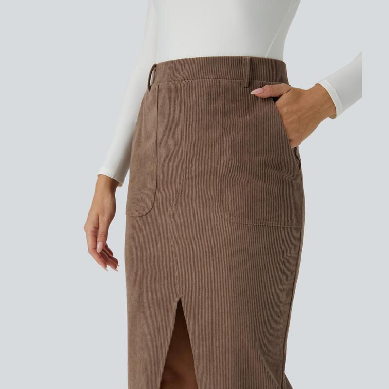 Halara Mid Rise Side Pocket Split Midi Corduroy Casual Skirt