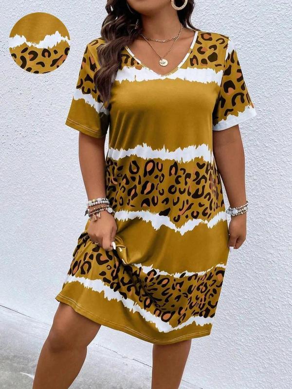 Plus Size Patchwork Leopard Print V Neck Nightdress, Casual Short Sleeve Sleep Dress for Women, Women's Sleepwear for All Seasons, Dresses for Women