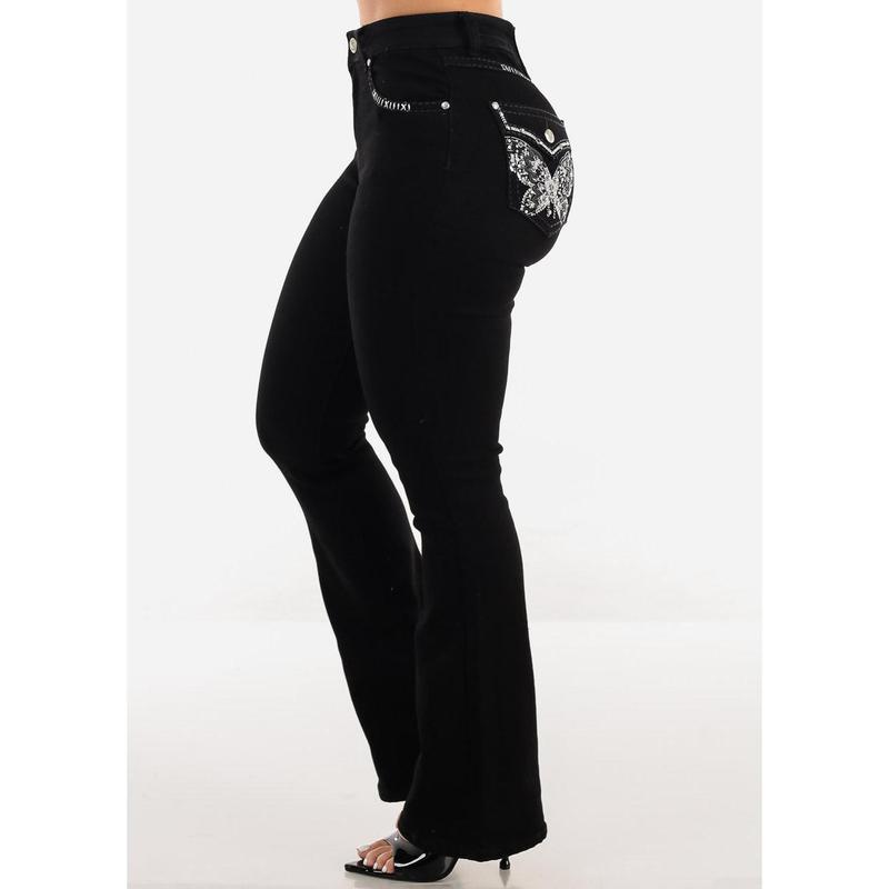 Super High Waist Black Bootcut Jeans w Back Pocket Design