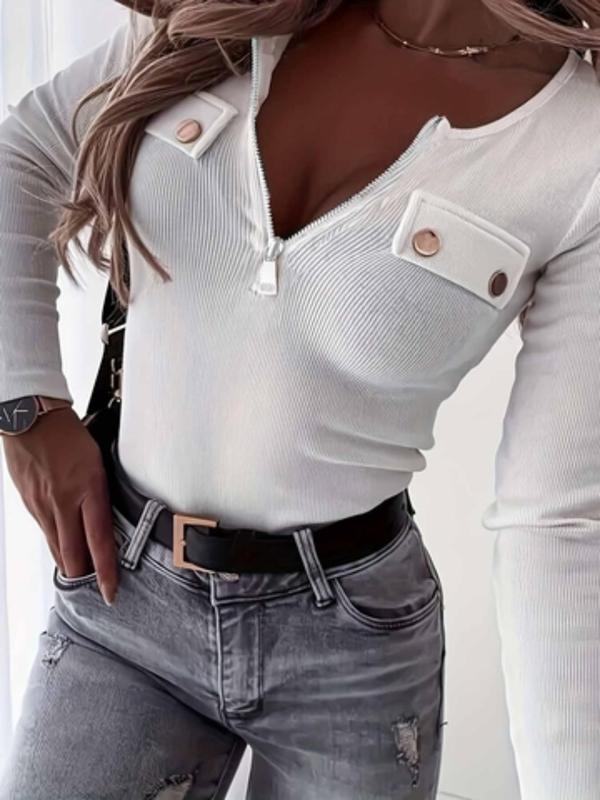 Women's Plain Half Zip Up Scoop Neck Crop Tee, Casual Long Sleeve T-shirt for Spring & Fall, Women's Clothing for Daily Wear