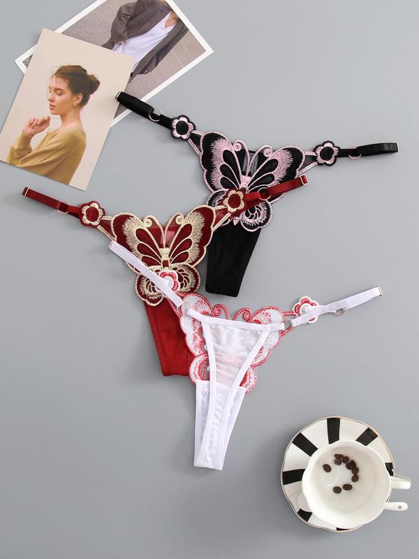 Women's 3pcs Butterfly Decor Contrast Mesh Sheer Sexy Thong, Adjustable Strap Ring Linked Sexy Knicker, Comfy Breathable Knicker for Daily Wear