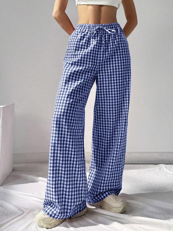 Women's Plaid Print Tie Front Wide Leg Pants, Casual Comfy Elastic Waist Pocket Trousers for Daily Wear, Ladies Bottoms for All Seasons,  Comfy Pants