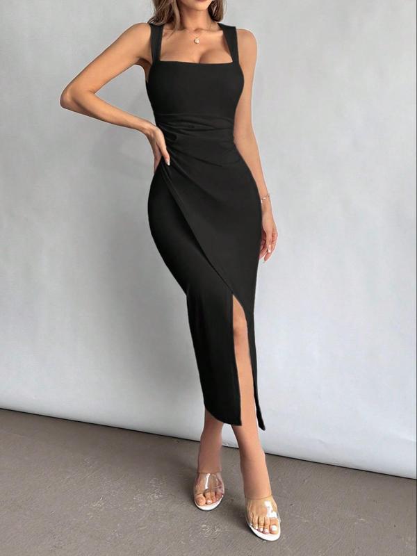 Women's Plain Ruched Wrap Split Thigh Bodycon Dress, Elegant Square Neck Sleeveless Long Dress for Party Holiday Wedding Guest, Ladies Clothes for All Seasons, Dresses for Women