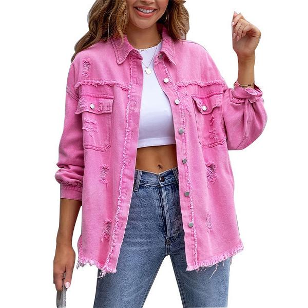 Women's Plain Button Front Ripped Coat Fit Tops Fashion Womenswear Comfortable Hipster Jackets sleeve pocket jacket casual long