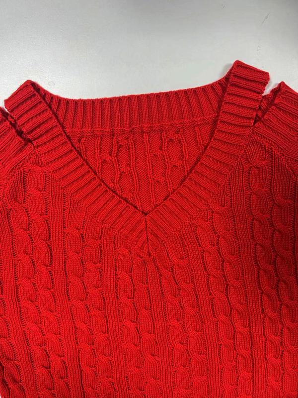 Women's Plain Cold Shoulder Cable Knit Sweater, Casual Long Sleeve Jumper for Fall & Winter, Fashion Ladies' Knitwear for Daily Wear