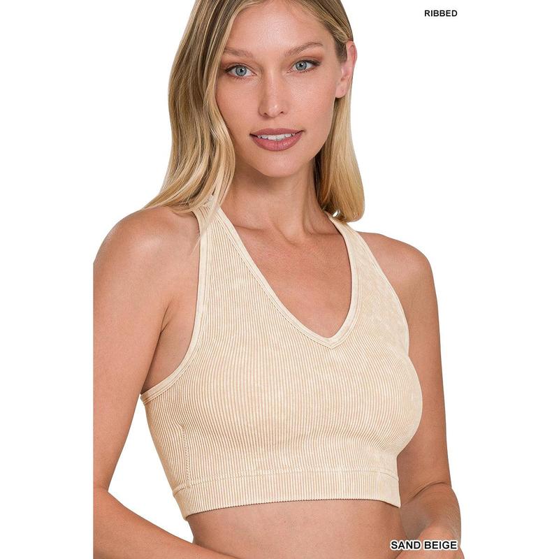 Ribbed Cropped Racerback Mineral Washed Tank Top Brami bralette with Removeable Pads by Zenana Style# 6144 Comfy Fabric