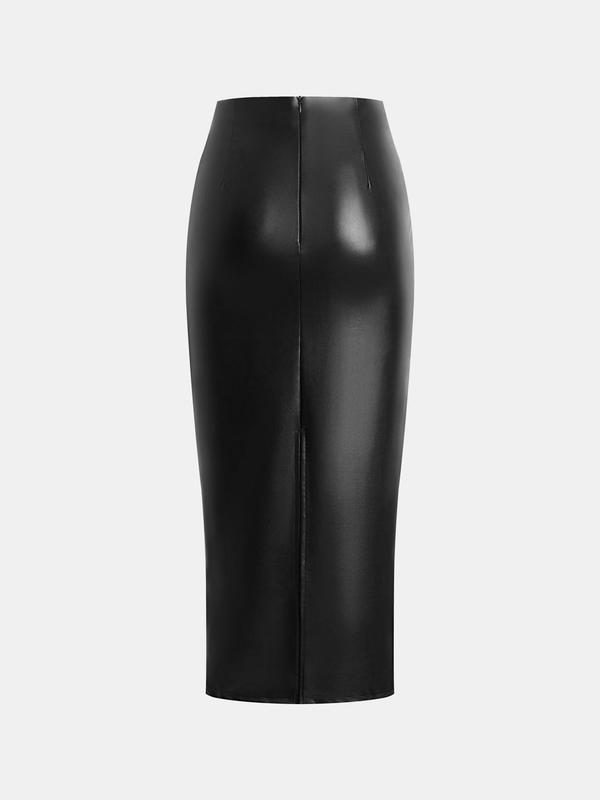 YOZY Christmas Deals, Ruched Split Hem PU Leather Skirt   Solid Fashionable High Waist Zipper Back Skirt， 2024 Women's Fall & Winter, Thanksgiving Clothes, Christmas 2024 Trend, Fall & Winter Clothes