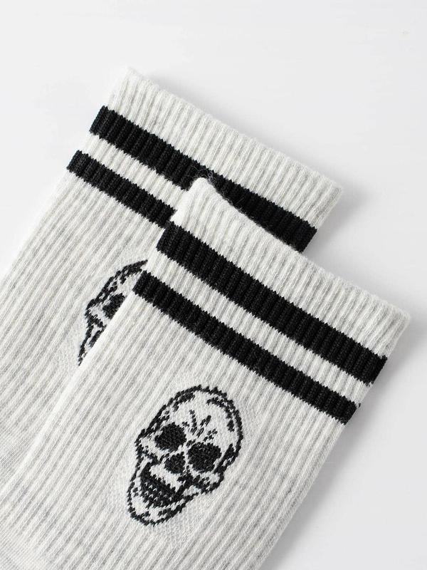 Women's 1 Pair Skull & Striped Pattern Crew Socks, Sporty Casual Mid-calf Socks, Ribbed Knit Socks for Women, Women's Socks & Hosiery