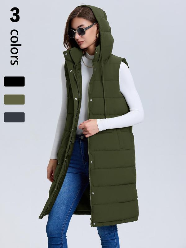 Women's Solid Button Front Drawstring Hooded Sports Vest Coat, Casual Sporty Pocket Zipper Outerwear for Fall & Winter, Women's Clothing for Daily Wear