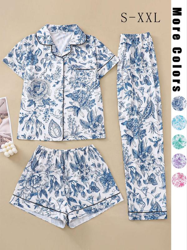 Three-Piece Set Women's Floral Print Button Front Pocket Blouse & Elastic Waist Shorts & Contrast Binding Pants Pyjama Set, Fall Casual Comfy Breathable Three-piece PJ Set for Daily Wear Back To School, Ladies Sleepwear for Fall