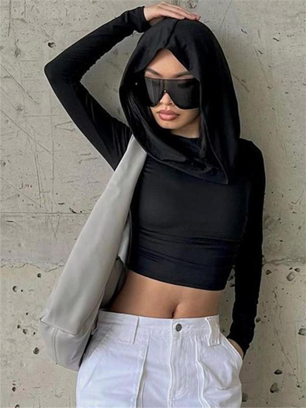 Women's Solid Ruched Longsleeves Hooded Crop Tee,  T Shirts for Women, Casual Comfort Long Sleeve T-shirt for Spring & Fall, Women's Clothes for Daily Wear, Basic Minimalist Tops for Lady, Womenswear