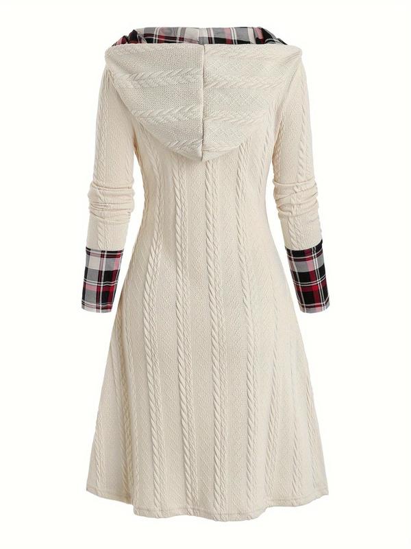 Women's Plaid Patchwork Print Button Front Hooded Cape Dress, Casual Long Sleeve A Line Dress for Fall & Winter, Women's Clothing for Daily Wear