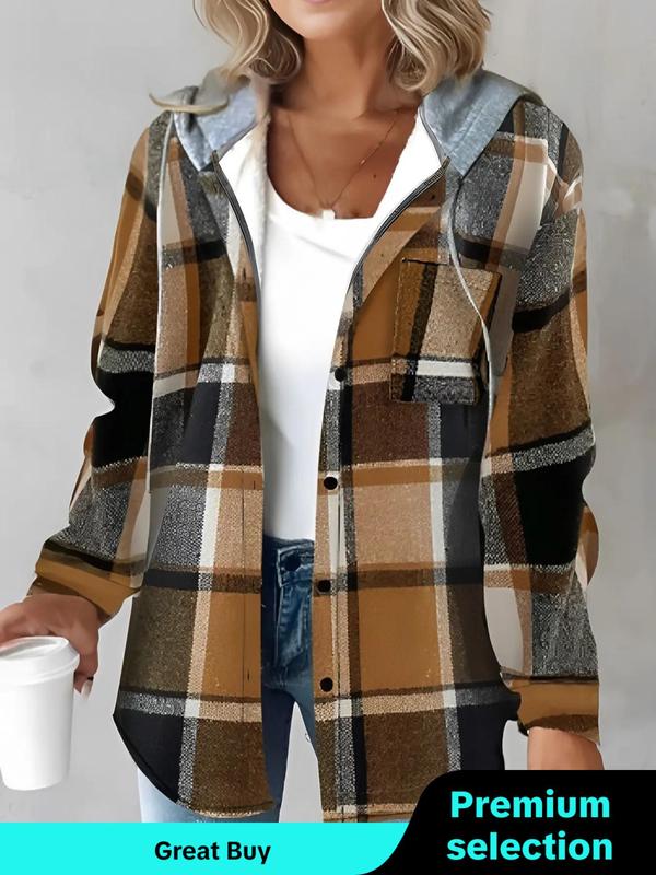 Women's Plaid Button Front Drop Shoulder Hooded Jacket, Casual Tops, Long Sleeve Drawstring Pocket Outerwear for Daily Wear, Winter Clothes Women 2024, Ladies Clothes for All Seasons