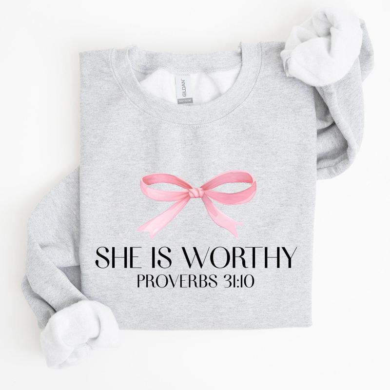 She Is Worthy, Bible Verse, Christmas, Bow, Pink, Proverbs, Soft Girl Era Sweatshirt, Women's Crew Neck, Crewneck