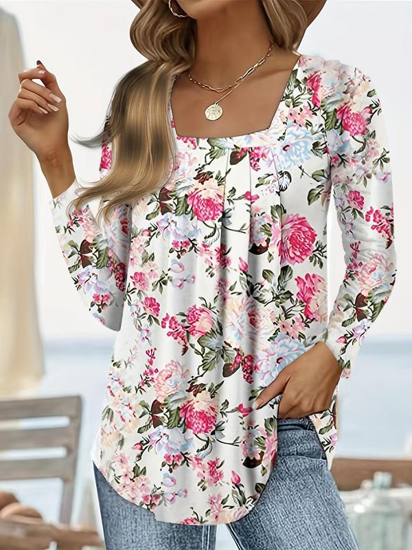  All Over Print Plicated Square Neck Tee, Casual Long Sleeve T-shirt for Spring & Fall, Women's Clothing for Daily Wear