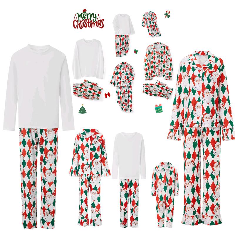 New Family Matching Christmas Pajama Set, Diamond Grid Santa Long Sleeve Tops Elastic Waist Pants