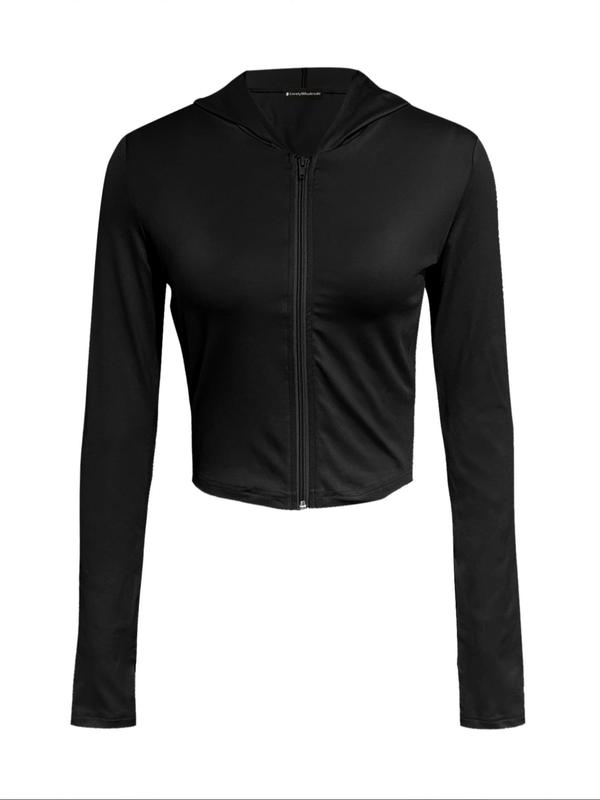 LovelyWholesale Women's Plain Zip Up Hooded Crop Jacket, Casual Slim-fitting Long Sleeve Outerwear for Spring, Jackets for Women, Women's Clothes for Daily Wear, Fall Outfits, Fallfreshness, Downtown Girl Clothes