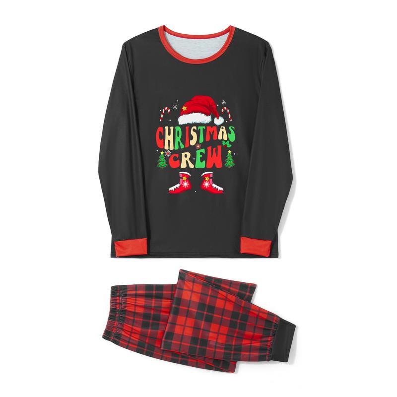 Matching Christmas Pajamas For Family Letter Santa Hat Print Long Sleeve Tops and Plaid Pants Sleepwear