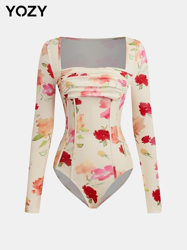 YOZY Black Friday Deals, Women's Floral Print Ruched Corset Ribbed Bodysuit, Snap Button Closure Crotch Long Sleeve Square Neck Bodysuit for Fall, Women's Clothes for Daily Wear, Christmas 2024 Trend, Thanksgiving Clothes, Fall Clothes, Winter Clothes