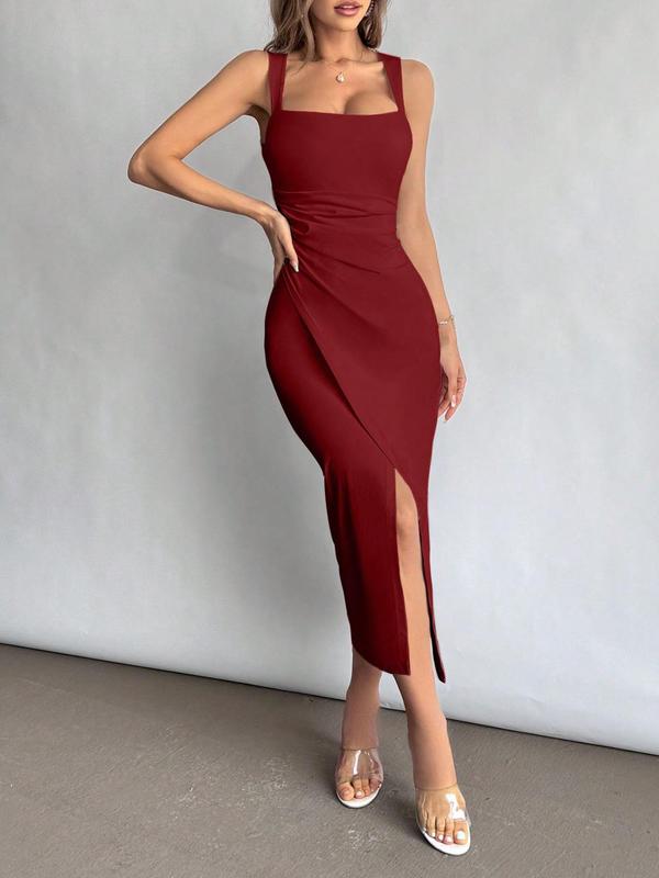 Women's Plain Ruched Wrap Split Thigh Bodycon Dress, Elegant Square Neck Sleeveless Long Dress for Party Holiday Wedding Guest, Ladies Clothes for All Seasons, Dresses for Women