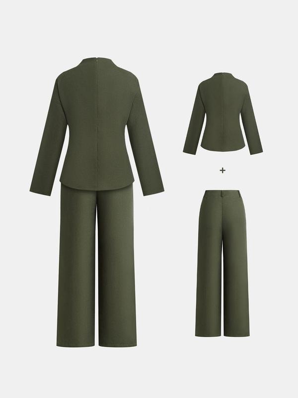 Black Friday Deals YOZY Two-Piece Set Women's Solid Twist Ribbon Front Drop Shoulder Top & Pants, Casual Mock Neck Zipper Back Long Sleeve Top & Straight Leg Trousers Set for Spring & Fall, Christmas 2024 Trend,Thanksgiving Outfits,Winter Outfits