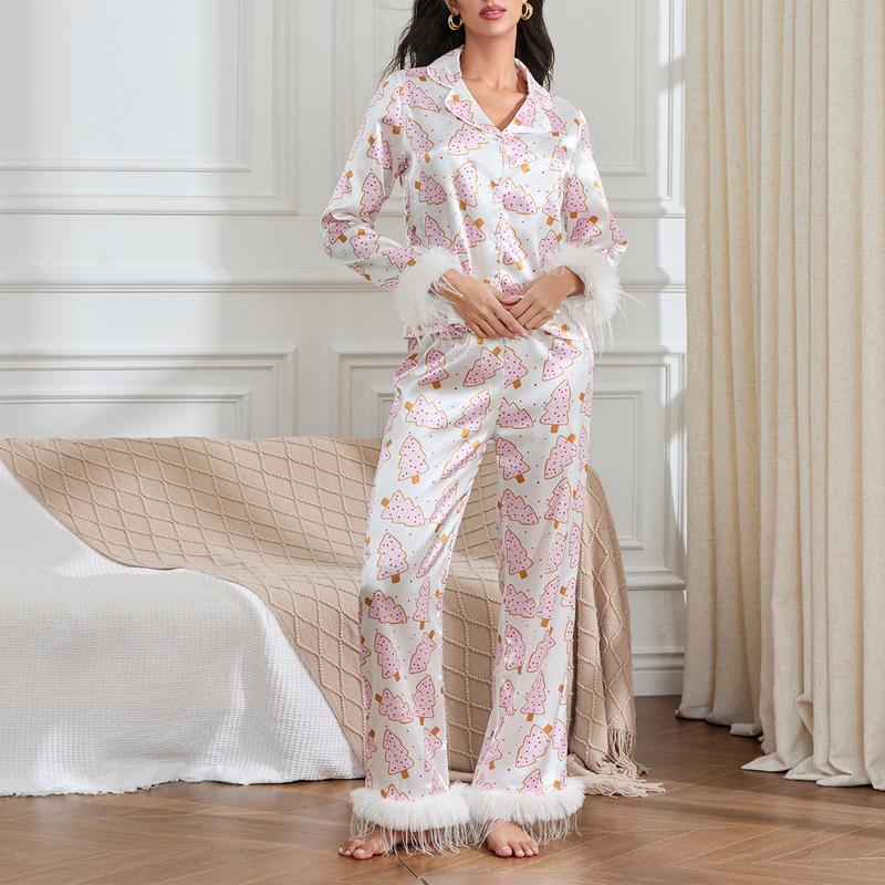 Women's Christmas 2 Pcs Pajama Set Long Sleeve Xmas Print Shirt Tops with Pants Sleepwear Loungewear Xmas Pjs