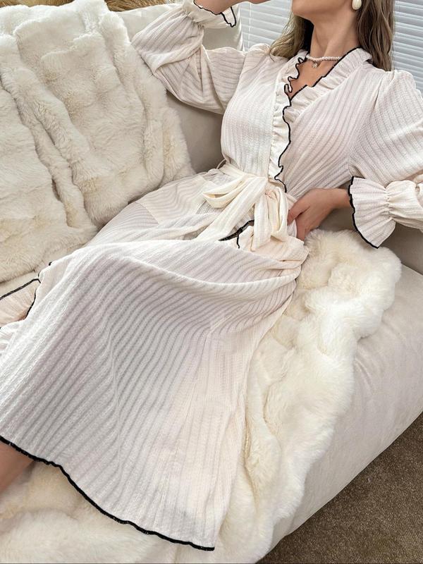 Women's Contrast Binding Belted Ruffle Trim Lounge Robe, Elegant Contrast Binding Flounce Sleeve Ribbed Dressing Gown, Ladies Sleepwear for Fall & Winter