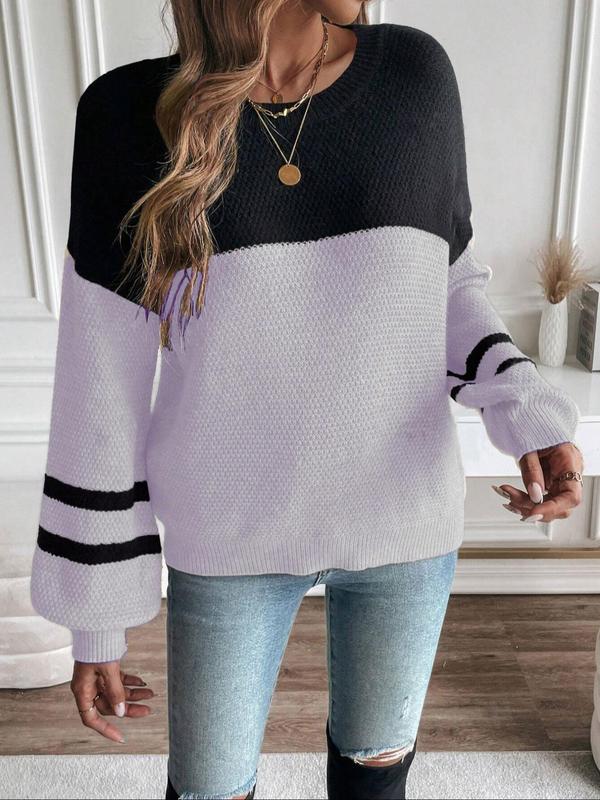 Women's Patchwork Lantern Sleeve Sweater, Casual Long Sleeve Round Neck Jumper for Fall & Winter, Fall Outfits, Fashion Women's Knitwear for Daily Wear, Sweaters for Women, Fall Sweaters, Fall Outfits, Fallfreshness