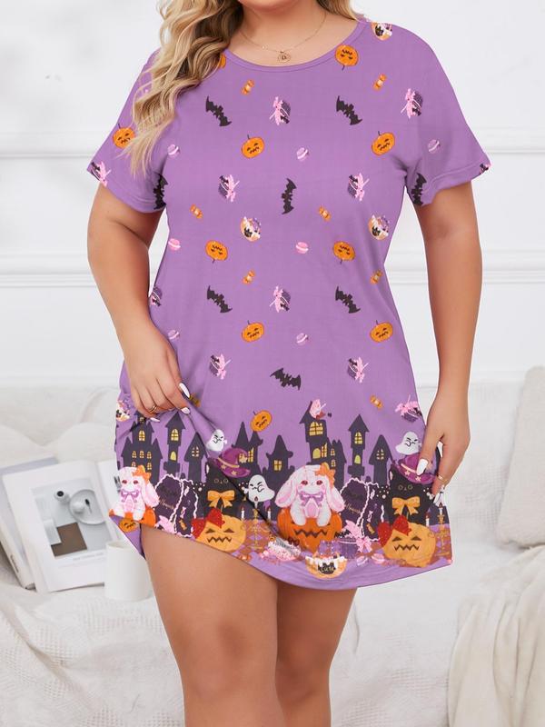 Cartoon Pumpkin & Bat Print Drop Shoulder Nightdress, Casual Comfy Halloween Short Sleeve Round Neck Nightgown for Women, Women's Sleepwear for All Seasons