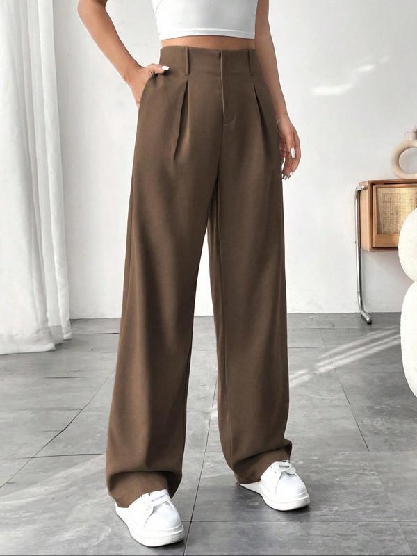 Women's Solid Plicated Pocket Straight Leg Pants, Casual Comfy Trousers for Daily Wear, Ladies Bottoms for Fall & Winter