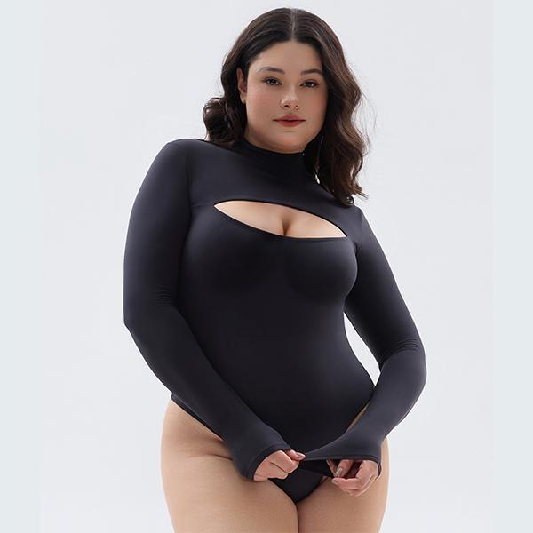 SHAPERX Mock Neck Long Sleeve Top Bodysuit Cutout Front Thong Body Suits Womenswear Essential Tops Soft Clothing