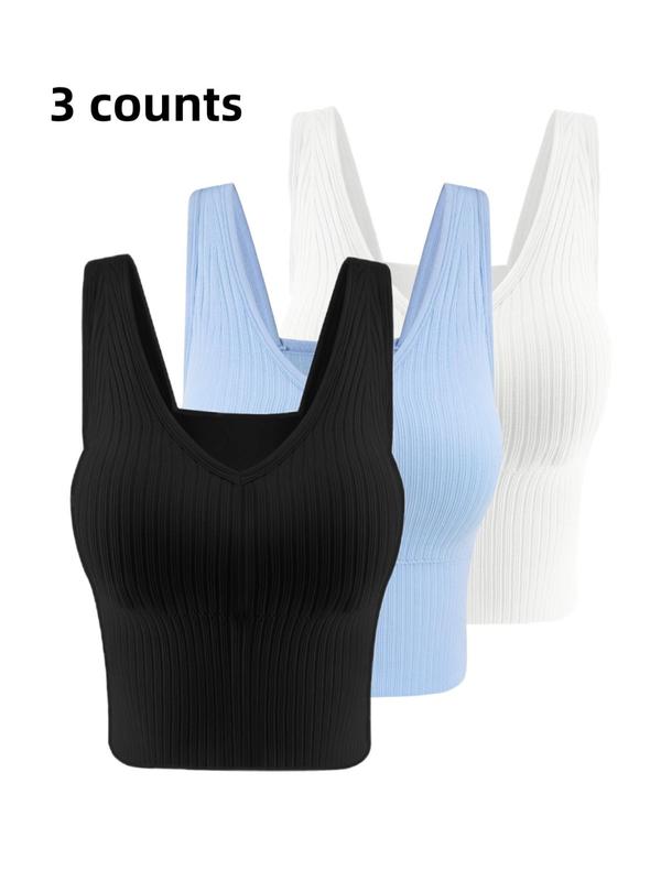 Women's Solid Backless Bra with Removable Chest Pad, Casual Rib Wireless Lingerie for Daily Wear, Summer Wear 2024, Softness Lingerie for All Seasons