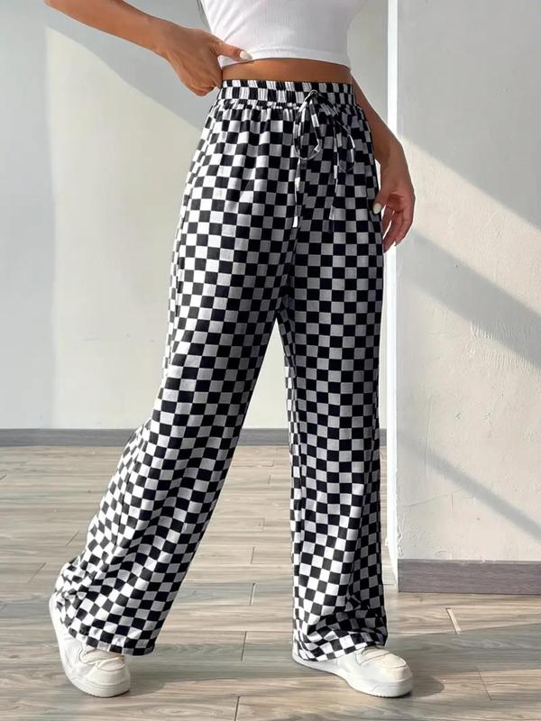 Women's All Over Checkerboard Print Drawstring Waist Straight Leg Pants, Casual Comfy High Waist Trousers for Daily Wear, Ladies Bottoms for All Seasons