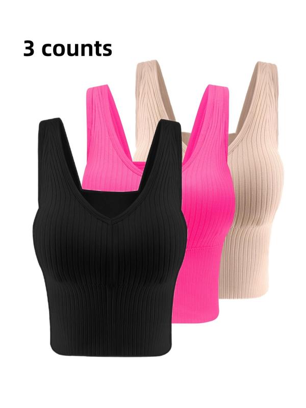 Women's Solid Backless Bra with Removable Chest Pad, Casual Rib Wireless Lingerie for Daily Wear, Summer Wear 2024, Softness Lingerie for All Seasons