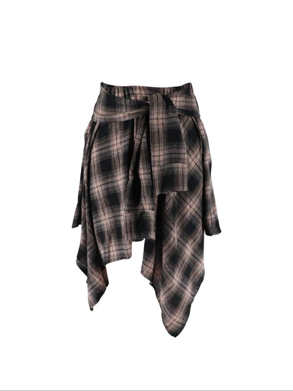 Women's Plaid Print Tie Front Asymmetrical Hem Skirt, Casual Fashion Short Skirt for Daily Outdoor Wear, Women's Bottoms for Fall