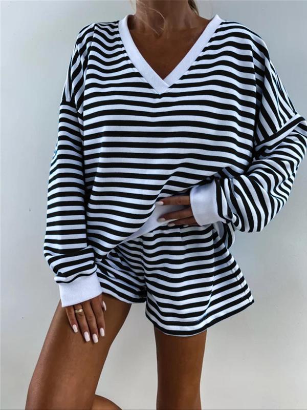 Women's Striped Print Drop Shoulder Tee & Elastic Waist Shorts Two-piece Set, Casual Fashion Cozy Breathable Two Piece Outfits for Daily Outdoor Wear, Women Clothes for Spring & Fall