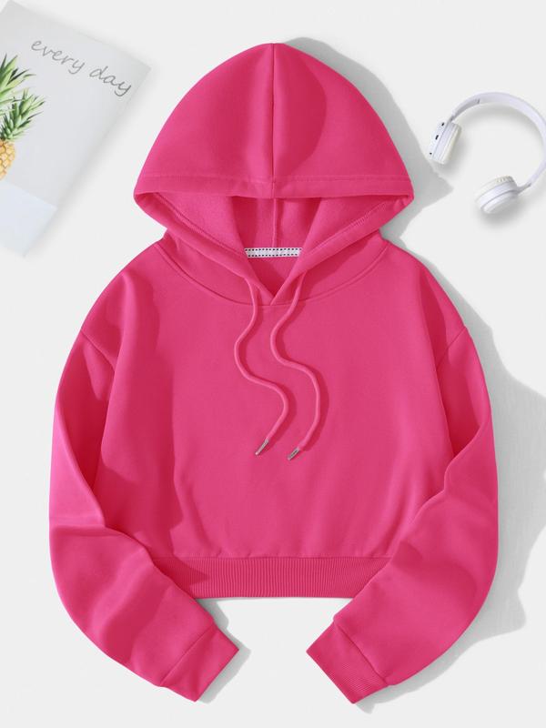 Women's Thermal Lined Plain Drawstring Drop Shoulder Fleece Hoodie, Mean Girls Outfit, Long Sleeve Short Hooded Pullover, Comfort Womenswear Tops