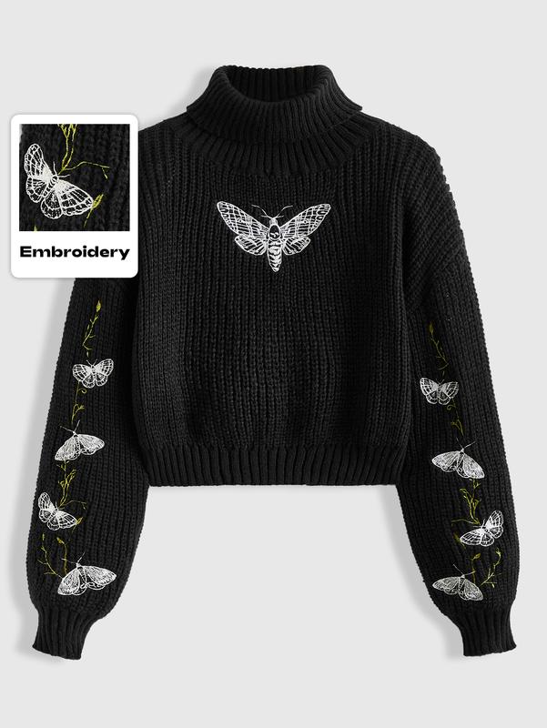 ROMWE Goth Fairycore Women's Insect Embroidery Pattern Black Pullover Turtleneck Sweater