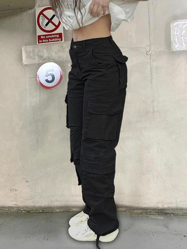 Women's Plain Flap Pocket Cargo Pants, Fall Clothes, Streetwear Casual Wide Leg Trousers for Fall Daily Wear, Ladies Bottoms Clothes for Fall