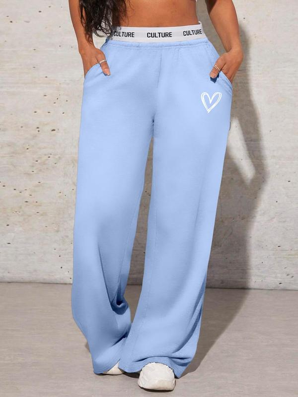 Women's Heart Print Pocket Wide Leg Sweatpants, Casual Comfy High Waist Letter Tape Trousers for Daily Wear, Ladies Bottoms for All Seasons