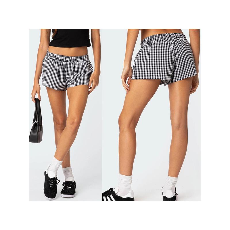 Women's Summer Casual Shorts Plaid Print Elastic Waist Loose Short Pants Pull On Lounge Shorts Womenswear Bottom