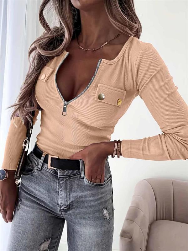 Women's Plain Half Zip Up Scoop Neck Crop Tee, Casual Long Sleeve T-shirt for Spring & Fall, Women's Clothing for Daily Wear