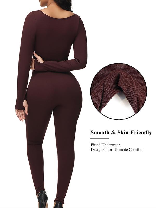 Women's Solid Color Long Sleeve Shapewear Bodysuit, Casual Sexy Comfy Tummy Control Butt Lift Shaper, Ladies Shapewear for All Seasons, Jumpsuit for Women, Tummy Control Jumpsuit